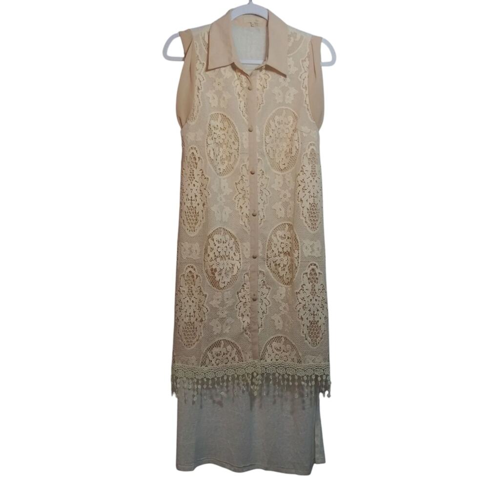 Ryu CottageCore Sleeveless Beige Lace Overlay Button Front Dress Beach Boho Sz S
